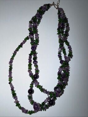 Jay King DTR Green & Purple Chip 3 Strand Stone Necklace .925 Silver Clasp